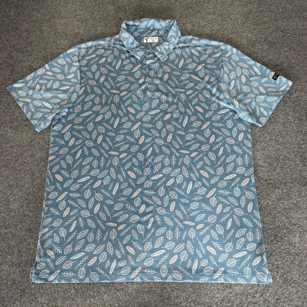 Yatta Golf Mens XL Blue Leaf Print Performance Polo Shirt Short Sleeve Stretch